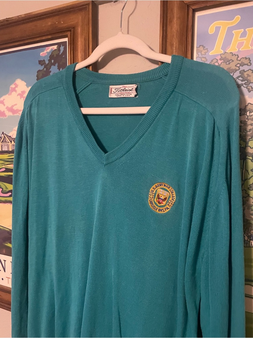 Vintage Titleist US Army War College V Neck Sweater Made USA Golf Military Teal